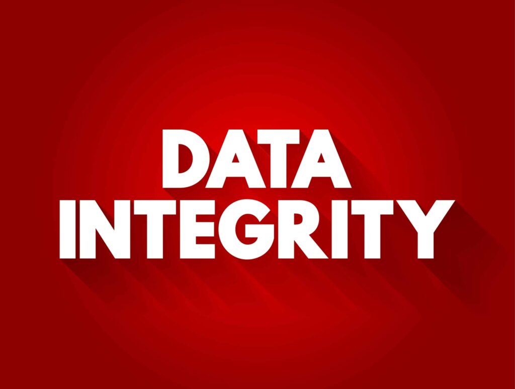 Data integrity in white text on red background